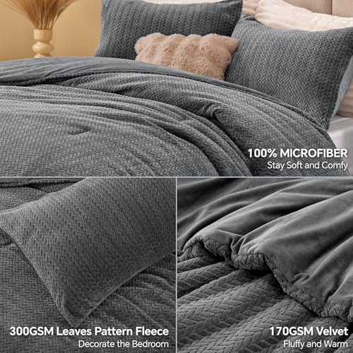 Çift Taraflı Örme Flanel & Kadife Yorgan Seti – 3D Yaprak Dokulu 3 Parça Nevresim Takımı